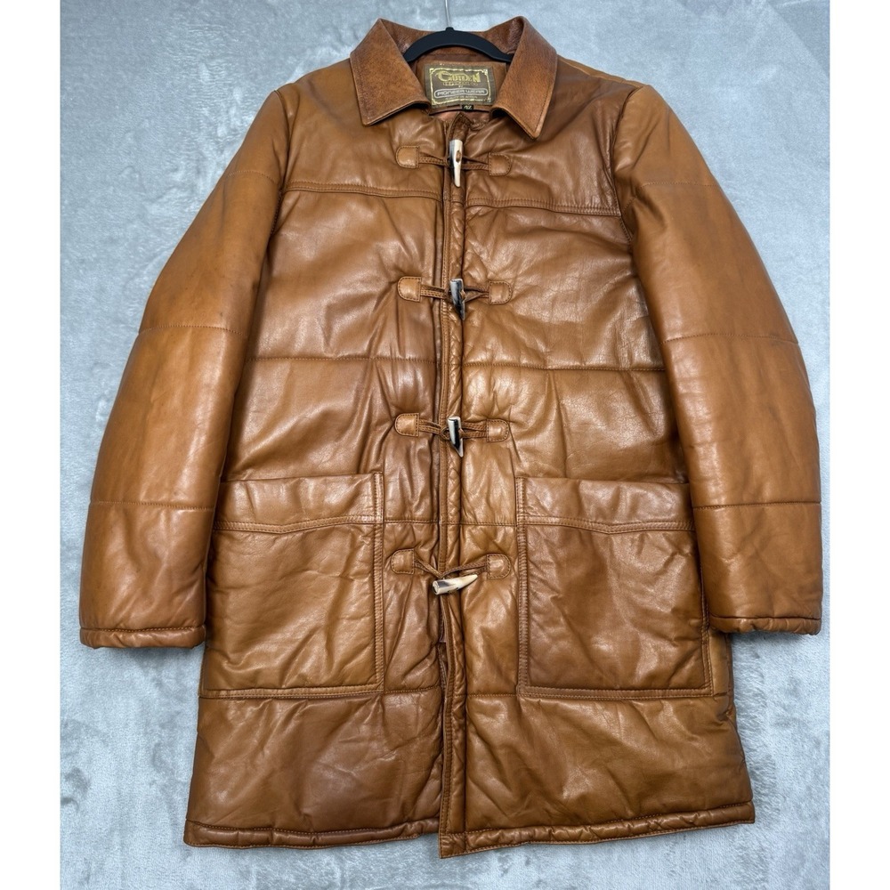 Vintage Pioneer Toggle Coat sz 42 Small Brown Leather Western Rancher Puffer 70s